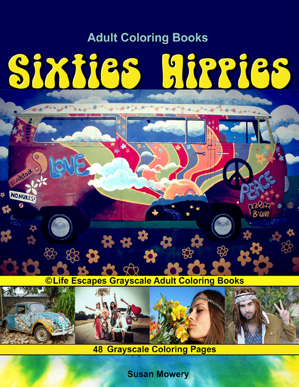 Sixties Hippies grayscale coloring book