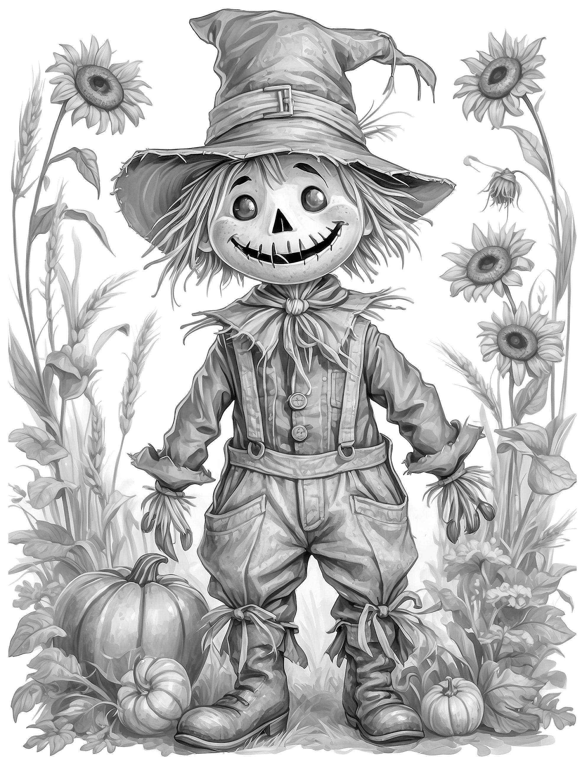 Whimsical Scarecrow free coloring page