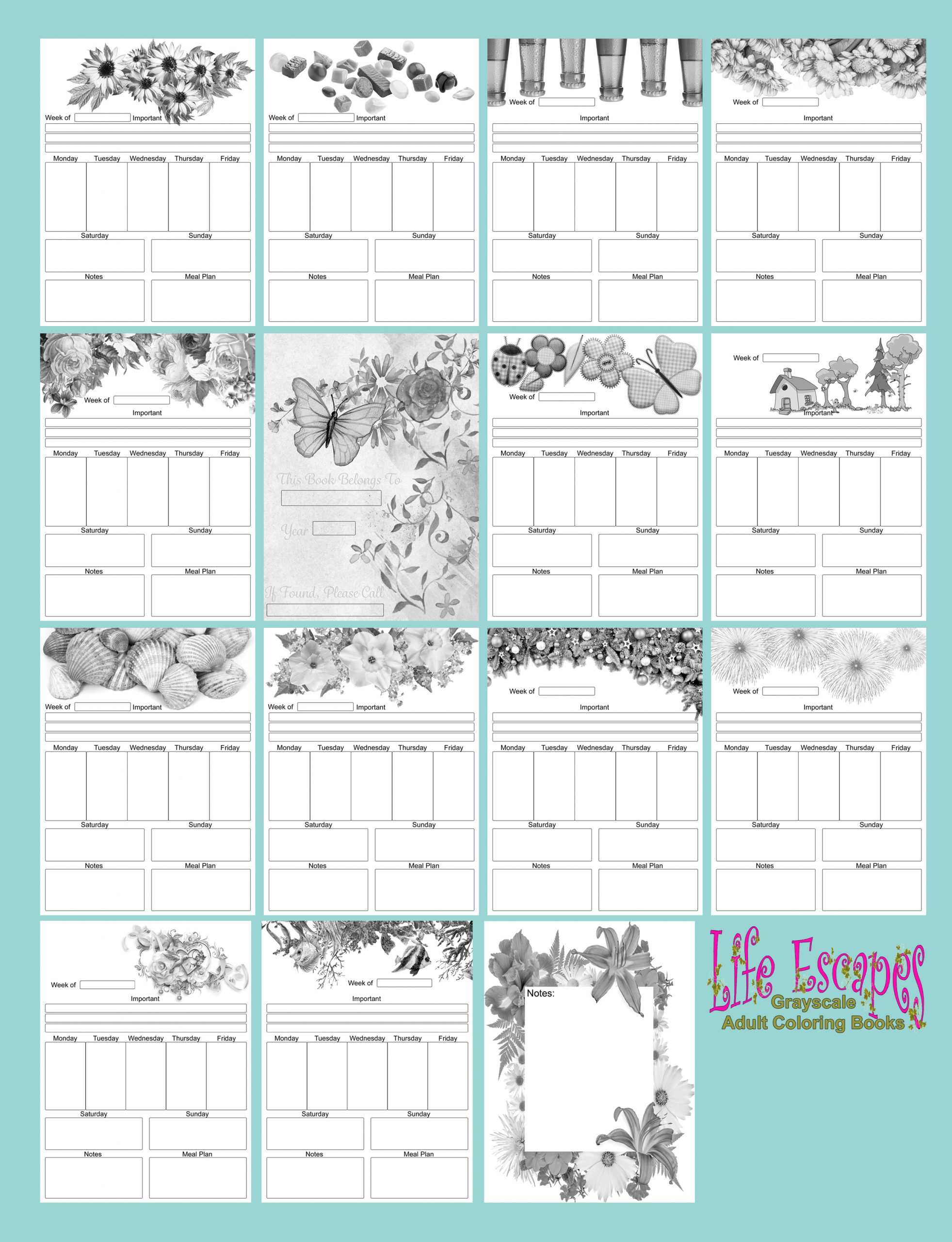 Adult Coloring Book Weekly Planner 52 Grayscale Coloring 